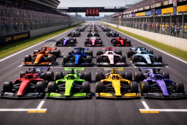 Venti monoposto di Formula 1 senza loghi, tutte di colori diversi, schierate sulla griglia di partenza prima della gara per l'articolo quando ricomincia la f1 2026