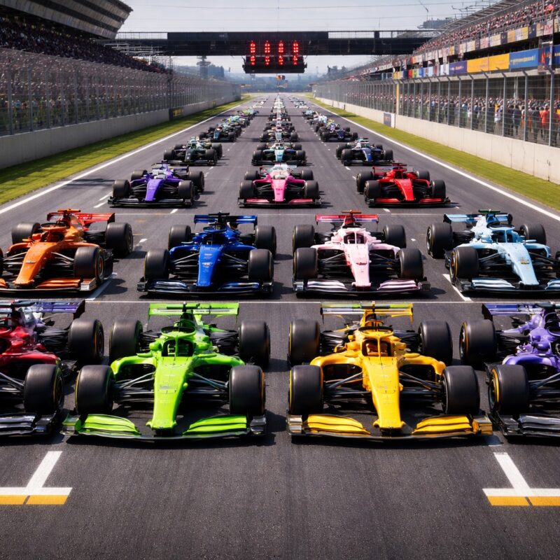 Venti monoposto di Formula 1 senza loghi, tutte di colori diversi, schierate sulla griglia di partenza prima della gara per l'articolo quando ricomincia la f1 2026