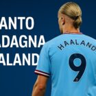 Calciatore biondo di spalle con maglia azzurra numero 9 e nome Haaland; a sinistra titolo grande Quanto guadagna Haaland su sfondo blu.