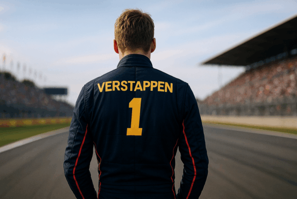 Quanto guadagna Verstappen: pilota di spalle in pista con tuta “VERSTAPPEN” e numero 1 davanti alle tribune.