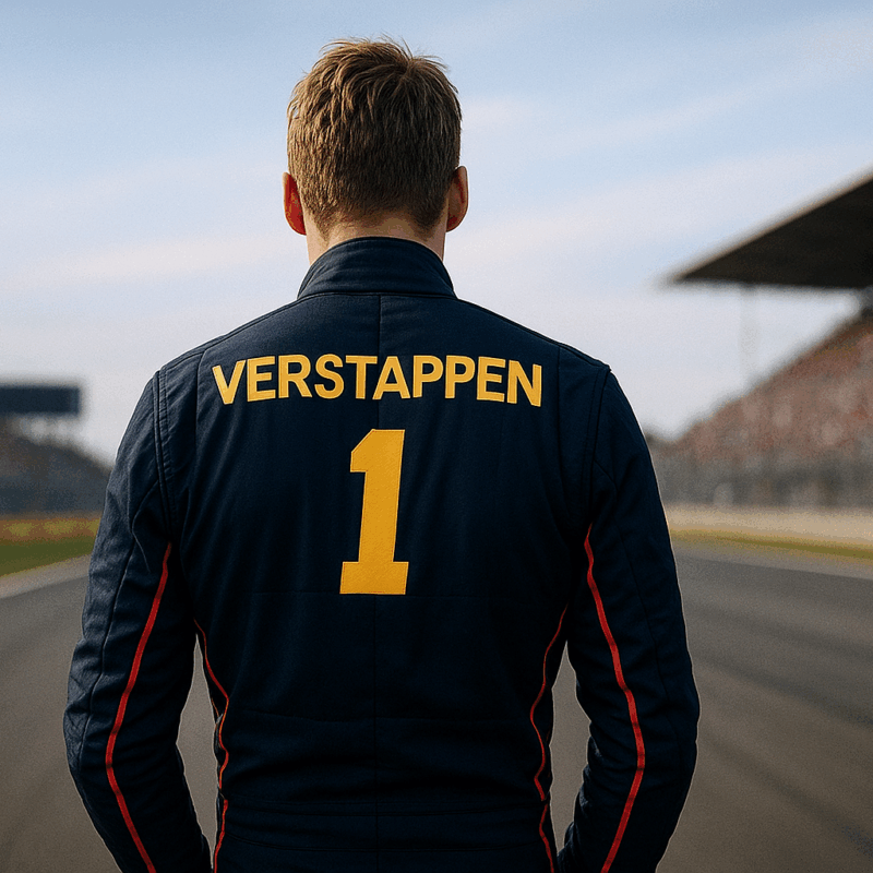 Quanto guadagna Verstappen: pilota di spalle in pista con tuta “VERSTAPPEN” e numero 1 davanti alle tribune.