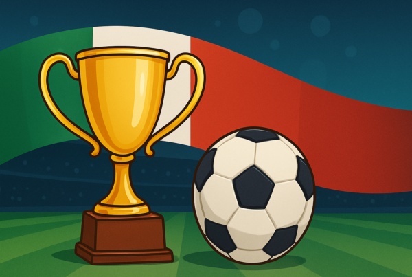 Record punti Serie A: trofeo dorato e pallone su campo da calcio con bandiera italiana sullo sfondo