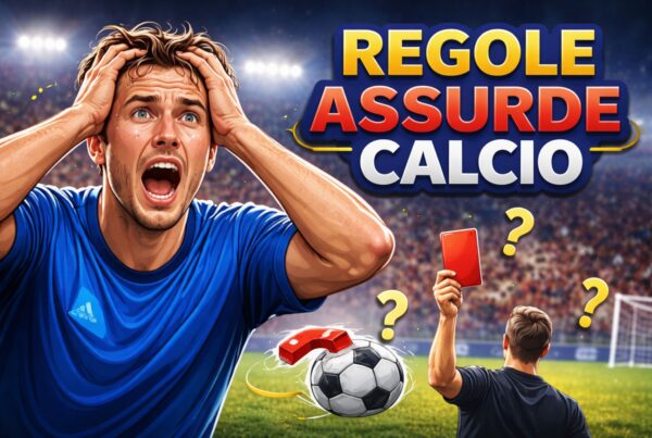 Calciatore con maglia blu che si mette le mani nei capelli in segno di disperazione durante una partita, con la scritta Regole assurde calcio sullo sfondo dello stadio