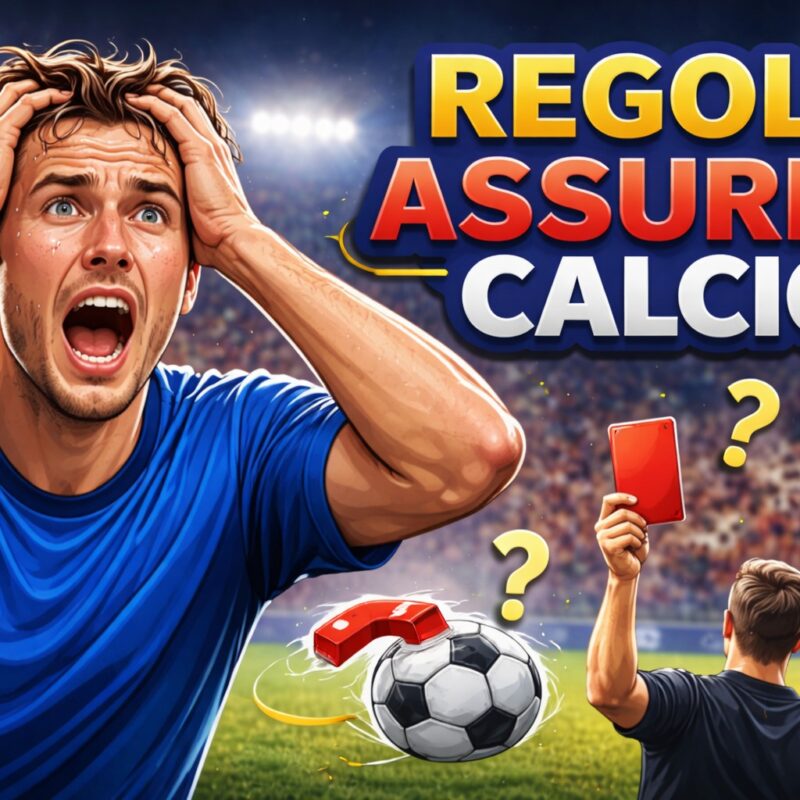 Calciatore con maglia blu che si mette le mani nei capelli in segno di disperazione durante una partita, con la scritta Regole assurde calcio sullo sfondo dello stadio