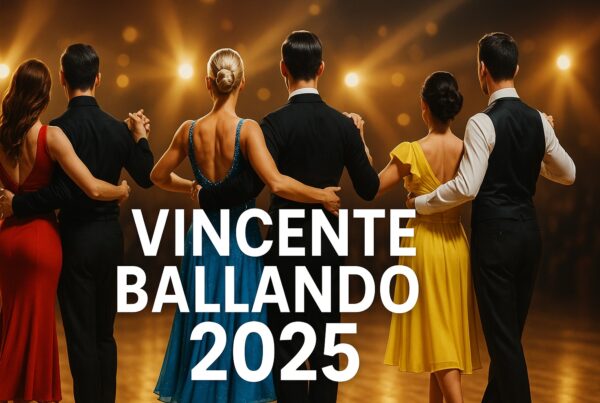 Ballerini di spalle su una pista illuminata con abiti eleganti durante un’esibizione, con la scritta Vincente Ballando 2025 in primo piano.