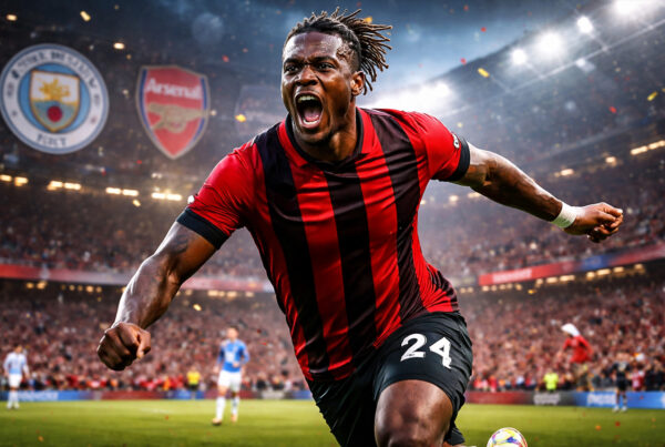 Antoine Semenyo del Bournemouth in azione in Premier League durante una partita, sprint offensivo in stile realistico iperrealistico