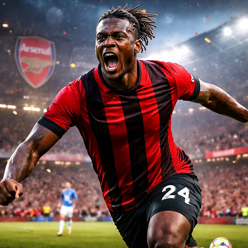 Antoine Semenyo del Bournemouth in azione in Premier League durante una partita, sprint offensivo in stile realistico iperrealistico