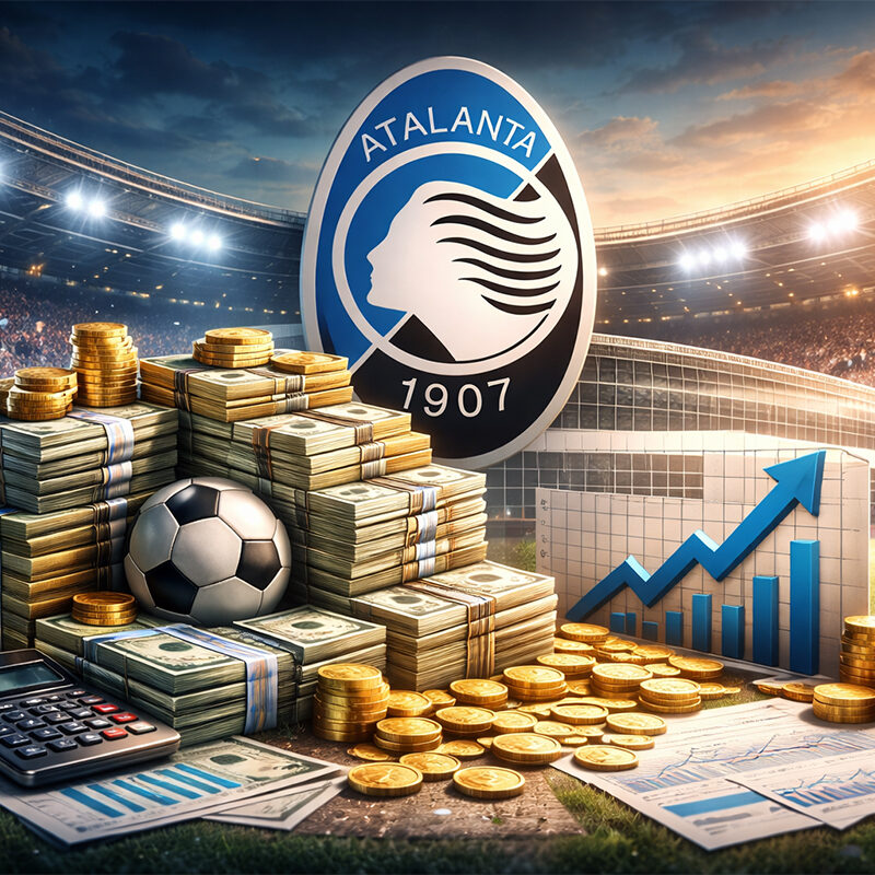 Illustrazione 3D iperrealistica sui bilanci Atalanta: stadio illuminato, logo del club, pile di euro, grafico in crescita e pallone da calcio.