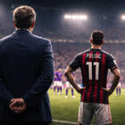 Capello di spalle a bordo campo osserva il Milan in partita sotto le luci dello stadio, con giocatore rossonero sul terreno di gioco.