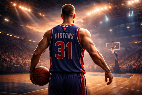 Darko Milicic di spalle su un campo da basket NBA vuoto, con maglia Pistons e palla in mano, in stile digitale iperrealistico cinematografico
