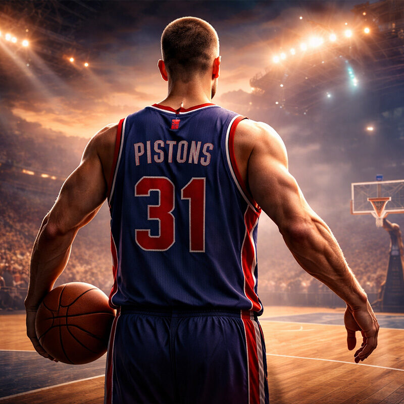Darko Milicic di spalle su un campo da basket NBA vuoto, con maglia Pistons e palla in mano, in stile digitale iperrealistico cinematografico