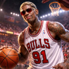 Dennis Rodman con maglia Chicago Bulls #91 in campo durante una partita NBA, illustrazione digitale iperrealistica.