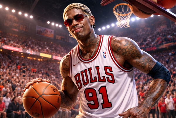 Dennis Rodman con maglia Chicago Bulls #91 in campo durante una partita NBA, illustrazione digitale iperrealistica.