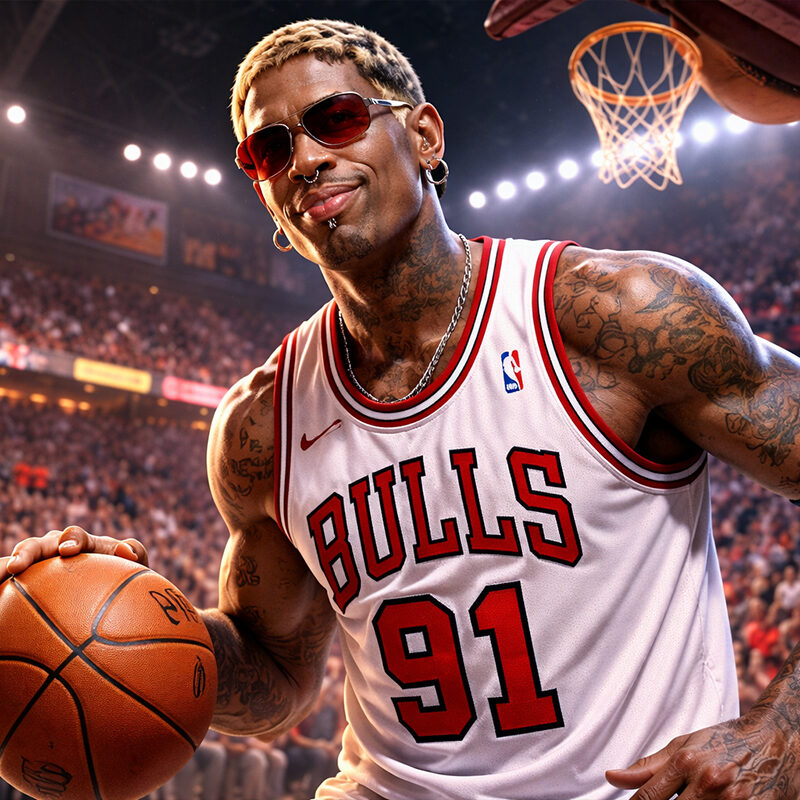 Dennis Rodman con maglia Chicago Bulls #91 in campo durante una partita NBA, illustrazione digitale iperrealistica.