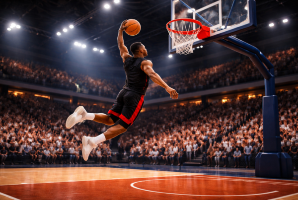 Dole Basket Rimini: un giocatore al palazzetto sta per schiacciare a canestro