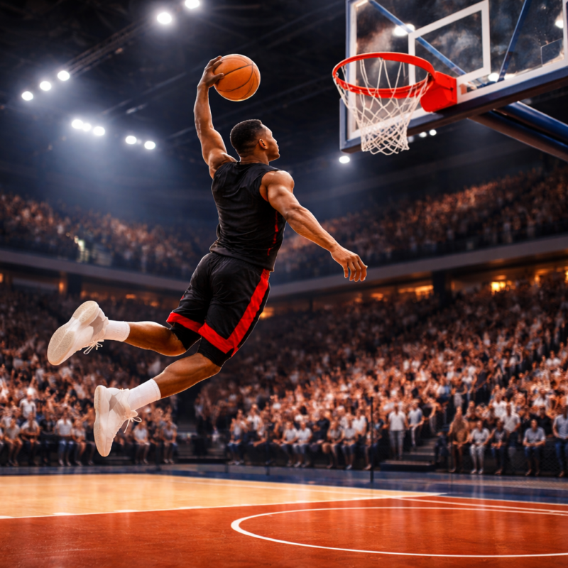 Dole Basket Rimini: un giocatore al palazzetto sta per schiacciare a canestro