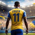 Douglas Costa Chievo di spalle in campo con maglia gialloblù davanti allo stadio pieno di tifosi