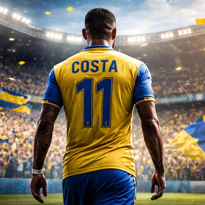 Douglas Costa Chievo di spalle in campo con maglia gialloblù davanti allo stadio pieno di tifosi