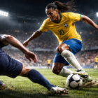 Ronaldinho esegue il dribbling elastico (flip flap) superando un difensore in una partita sotto le luci dello stadio