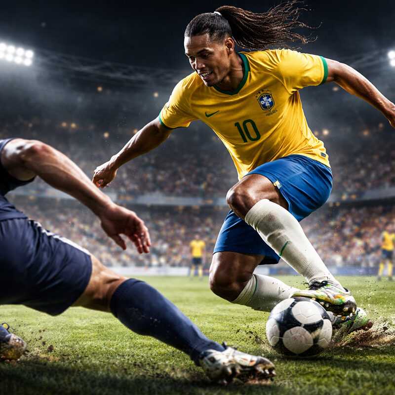 Ronaldinho esegue il dribbling elastico (flip flap) superando un difensore in una partita sotto le luci dello stadio