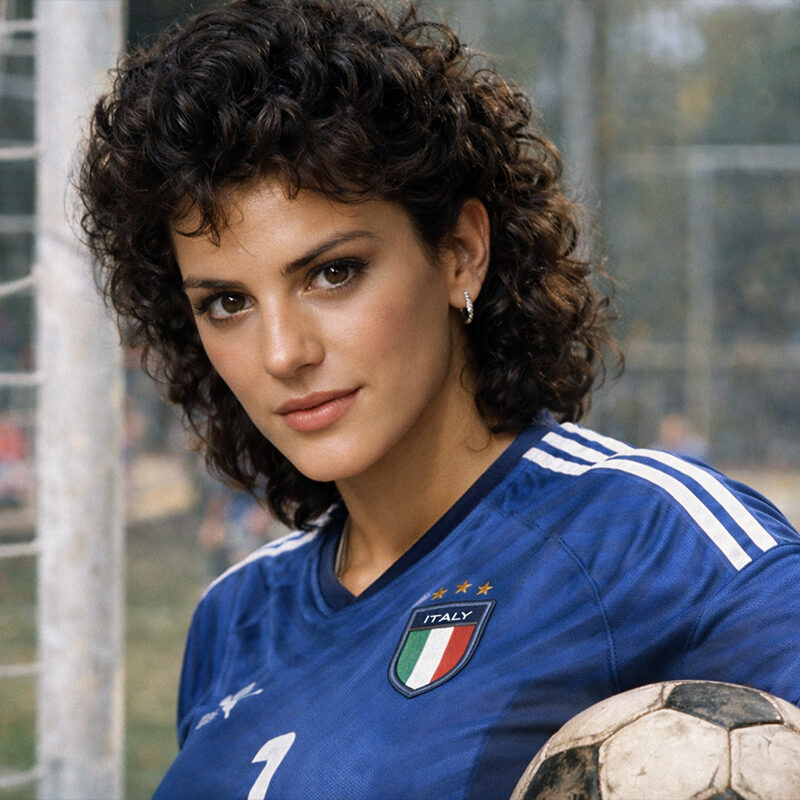 Eva Russo portiera della Nazionale italiana davanti alla porta con pallone e divisa azzurra