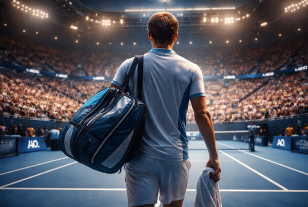 Tennista di spalle entra in campo all’Australian Open in stile realistico, immagine ispirata a Francesco Maestrelli.