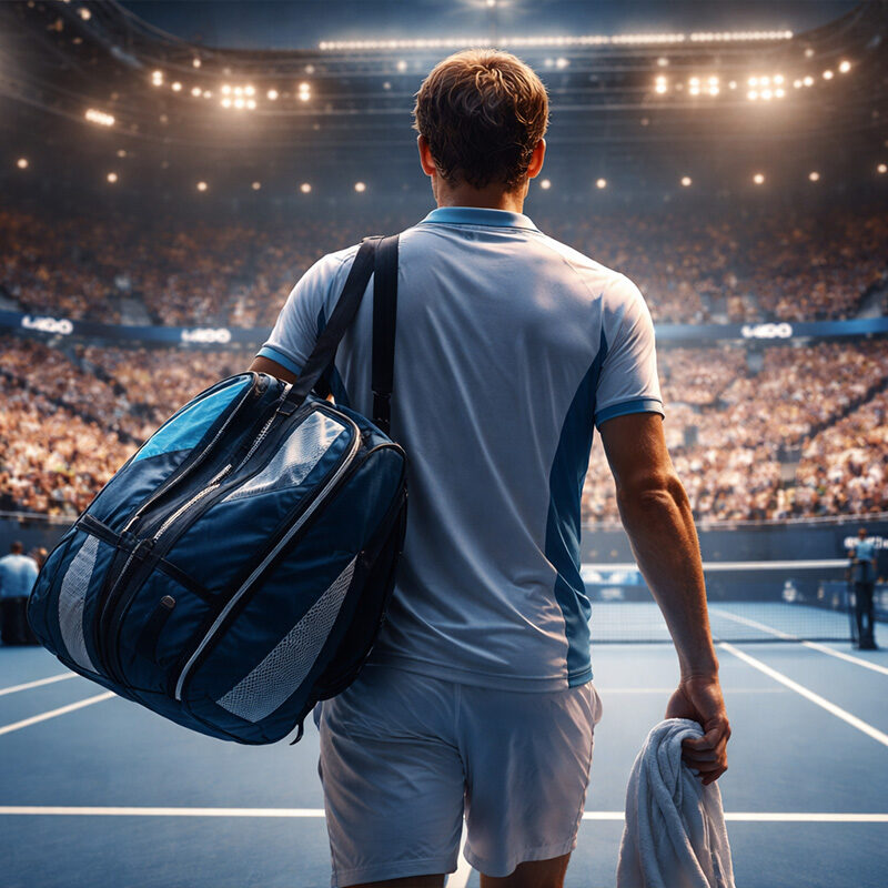Tennista di spalle entra in campo all’Australian Open in stile realistico, immagine ispirata a Francesco Maestrelli.