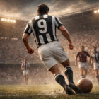 Calciatore del Botafogo visto di spalle durante un’azione di gioco, stile realistico cinematografico ispirato a Heleno de Freitas.