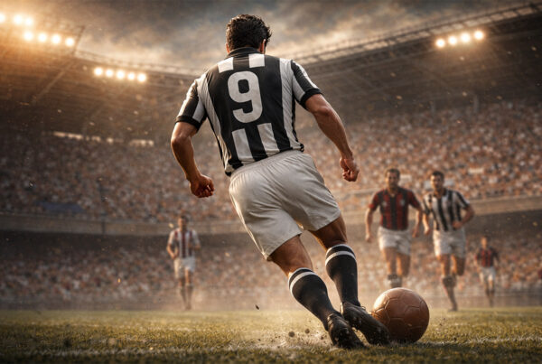 Calciatore del Botafogo visto di spalle durante un’azione di gioco, stile realistico cinematografico ispirato a Heleno de Freitas.