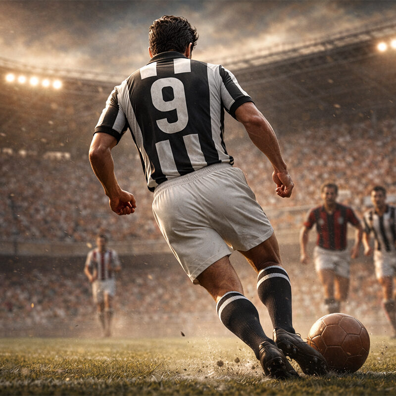 Calciatore del Botafogo visto di spalle durante un’azione di gioco, stile realistico cinematografico ispirato a Heleno de Freitas.