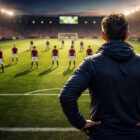 Allenatore di spalle osserva la squadra schierata con il modulo 3-3-4 in uno stadio illuminato durante una partita
