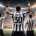 Giocatori della Juventus di spalle festeggiano in campo con David numero 30 durante una vittoria decisiva nella corsa scudetto