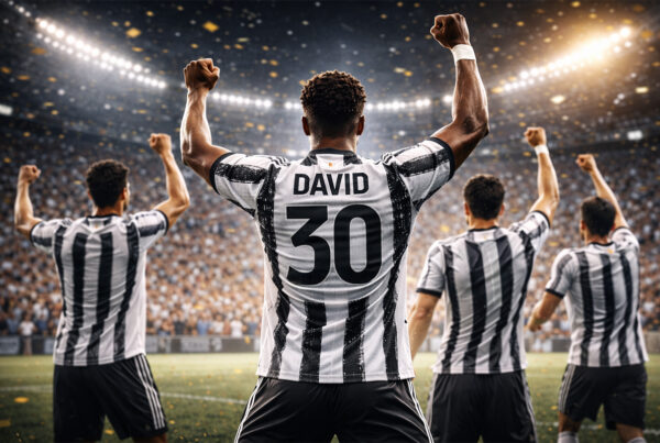 Giocatori della Juventus di spalle festeggiano in campo con David numero 30 durante una vittoria decisiva nella corsa scudetto