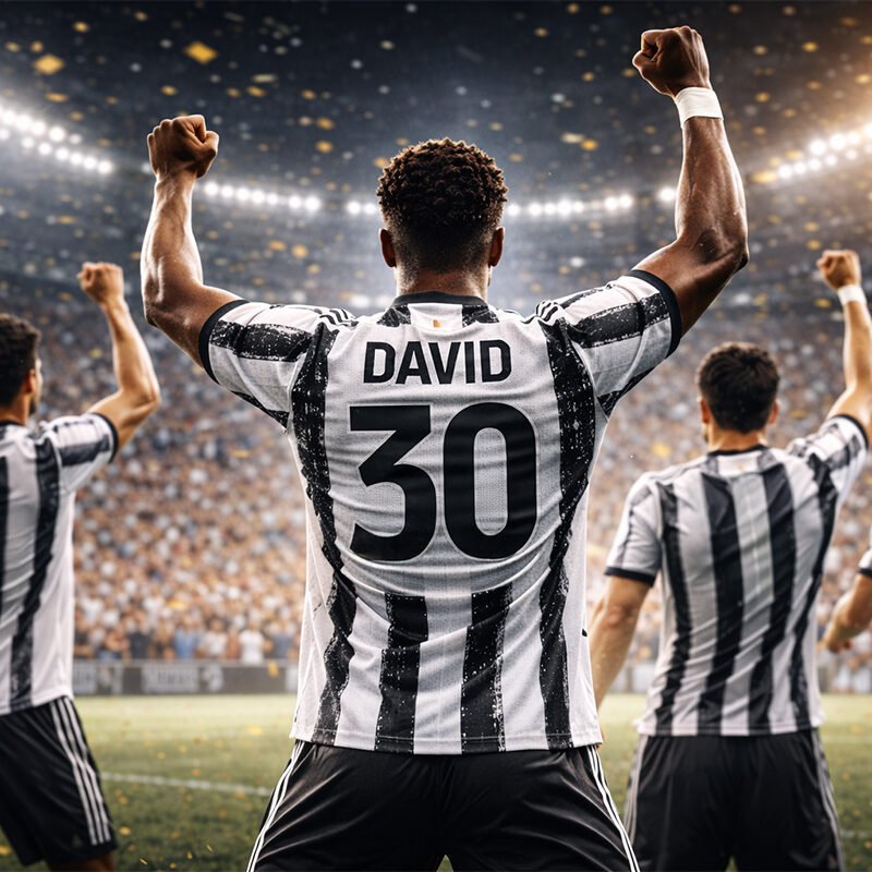 Giocatori della Juventus di spalle festeggiano in campo con David numero 30 durante una vittoria decisiva nella corsa scudetto