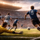 Azione di gioco Juventus-Atalanta 1960: attaccante dell’Atalanta di spalle calcia verso la porta con difensori juventini e portiere in tuffo.