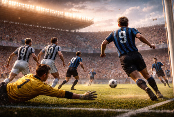 Azione di gioco Juventus-Atalanta 1960: attaccante dell’Atalanta di spalle calcia verso la porta con difensori juventini e portiere in tuffo.