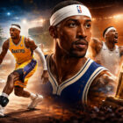 Illustrazione iperrealistica di Kentavious Caldwell-Pope con divise Lakers e Nuggets, trofei NBA e braccialetto elettronico alla caviglia, simbolo di riscatto.