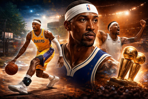 Illustrazione iperrealistica di Kentavious Caldwell-Pope con divise Lakers e Nuggets, trofei NBA e braccialetto elettronico alla caviglia, simbolo di riscatto.