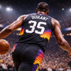 Kevin Durant di spalle in azione durante una partita NBA, mentre palleggia sul parquet con la maglia numero 35