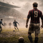 Coppa Gazzetta: calciatore di spalle in un derby Milan-Inter del 1915 tra nebbia e campo fangoso