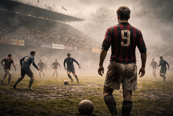 Coppa Gazzetta: calciatore di spalle in un derby Milan-Inter del 1915 tra nebbia e campo fangoso