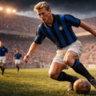 Lennart Skoglund in azione con la maglia dell’Inter, dribbling in uno stadio pieno durante una partita degli anni Cinquanta.