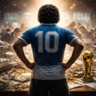 Illustrazione realistica sull’eredità Maradona con il campione di spalle e il suo patrimonio conteso