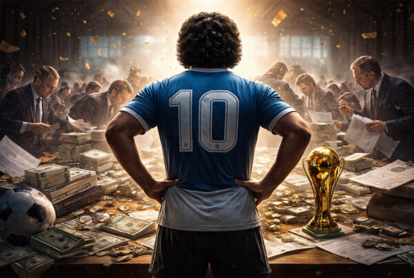 Illustrazione realistica sull’eredità Maradona con il campione di spalle e il suo patrimonio conteso