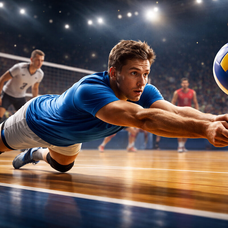 Libero volley in tuffo durante una difesa spettacolare su campo indoor, azione realistica in partita con luci da arena.