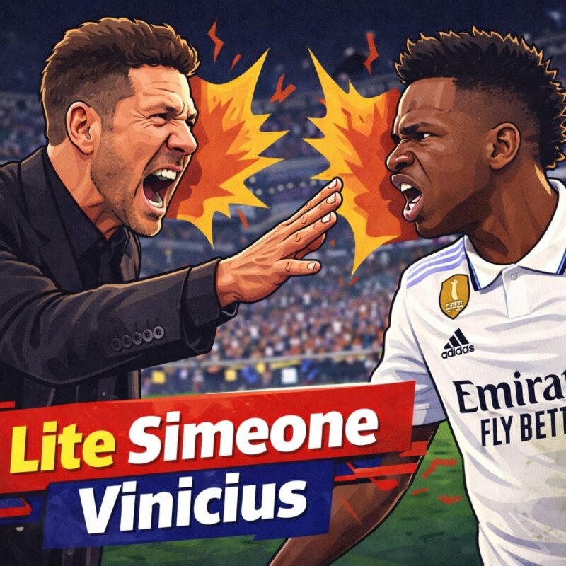 immagine che illustra la Lite Simeone Vinicius durante il derby di Madrid con confronto acceso a bordocampo.