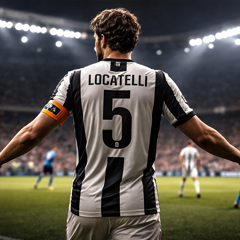 Manuel Locatelli di spalle con la maglia della Juventus, centrocampista simbolo di equilibrio e leadership in campo