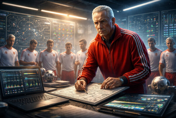 Valeri Lobanovski analizza schemi tattici con dati e tecnologia, davanti alla squadra sovietica, in un’illustrazione iperrealistica sul calcio scientifico.