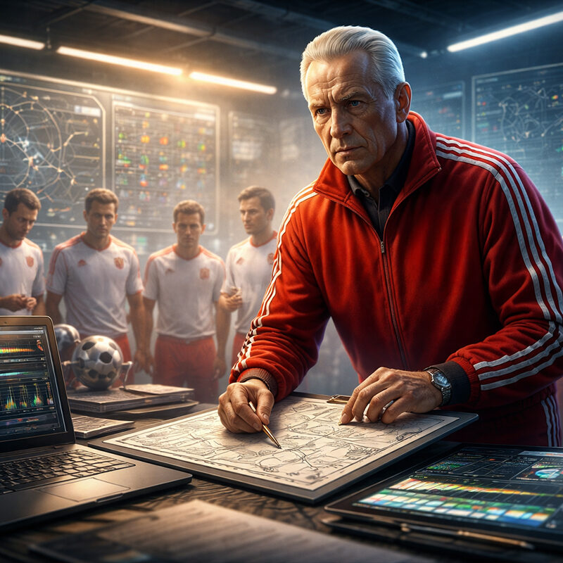 Valeri Lobanovski analizza schemi tattici con dati e tecnologia, davanti alla squadra sovietica, in un’illustrazione iperrealistica sul calcio scientifico.