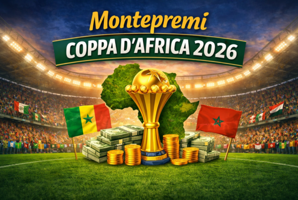 Montepremi Coppa d'Africa 2026 con trofeo dorato e stadio sullo sfondo